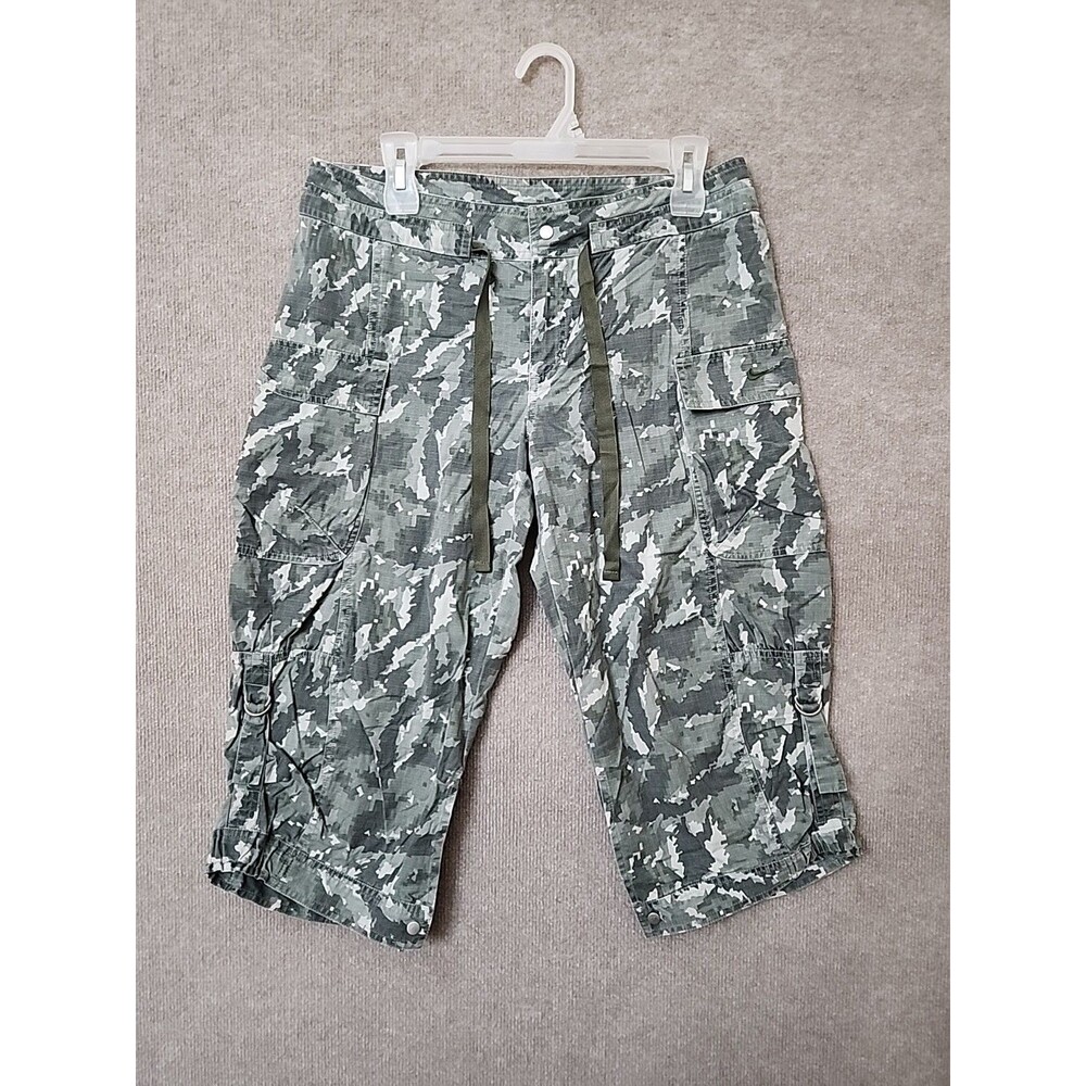 Nike Cargo Capri Pants Womens M 8-10 Green Camo Ripstop Drawstring Snap Hem - Picture 1 of 10